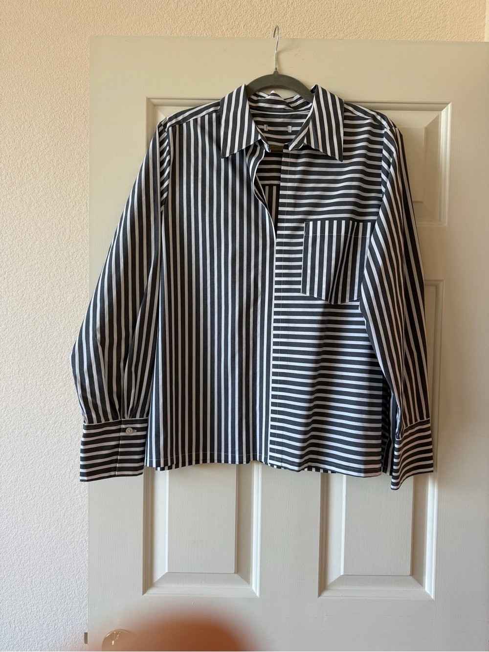 Foxcroft Women’s Gray and White Striped Button-Up Blouse